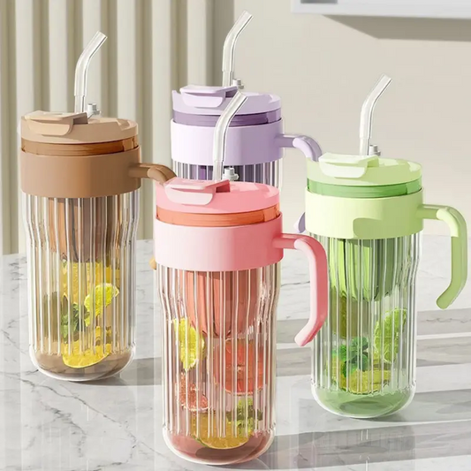 Clear Glass Tumbler with Handle & Infuser Lid | 550 ML | Portable & Leakproof | Assorted Colors | Box Packing