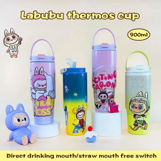 Stainless Steel Insulated Cartoon Printed Tumbler with Handle & Straw | Airtight & Leakproof | 900 ML | Assorted Colors & Prints | Box Packing